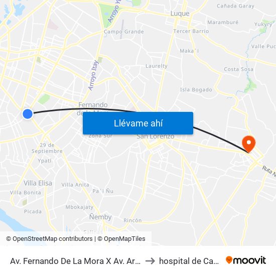 Av. Fernando De La Mora X Av. Argentina to hospital de Capiata map
