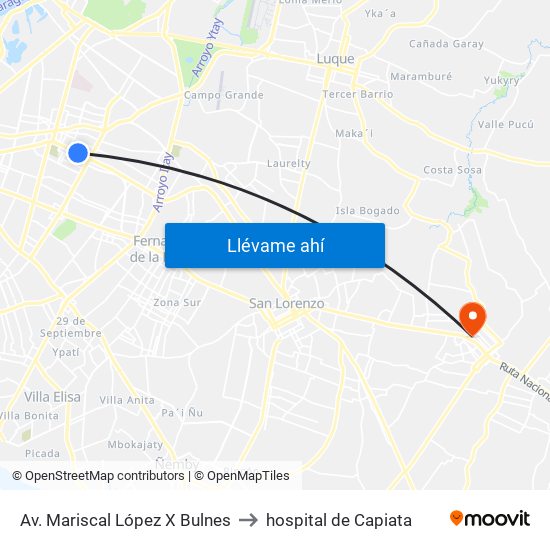 Av. Mariscal López X Bulnes to hospital de Capiata map