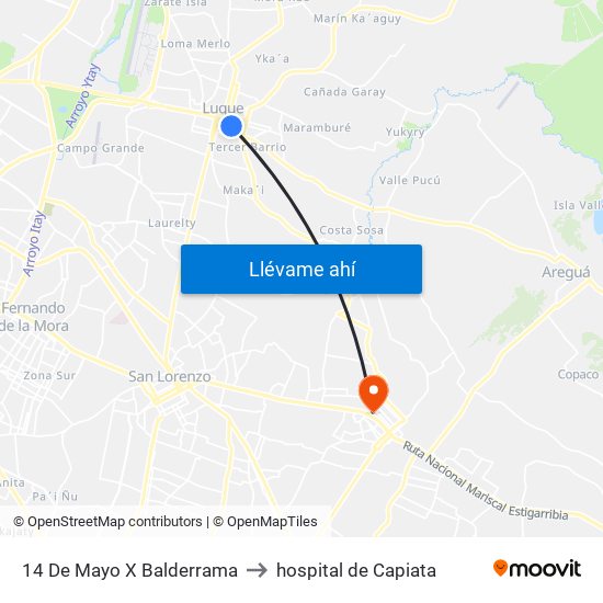 14 De Mayo X Balderrama to hospital de Capiata map