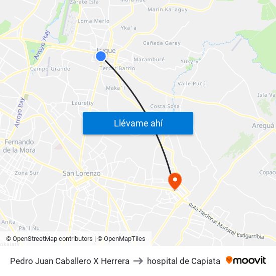 Pedro Juan Caballero X Herrera to hospital de Capiata map