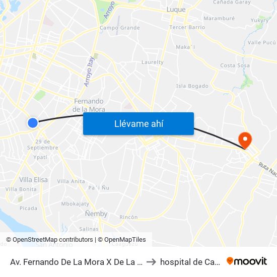 Av. Fernando De La Mora X De La Victoria to hospital de Capiata map