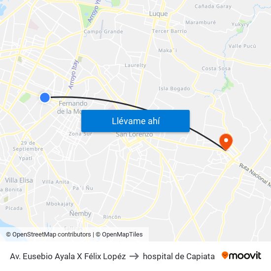 Av. Eusebio Ayala X Félix Lopéz to hospital de Capiata map