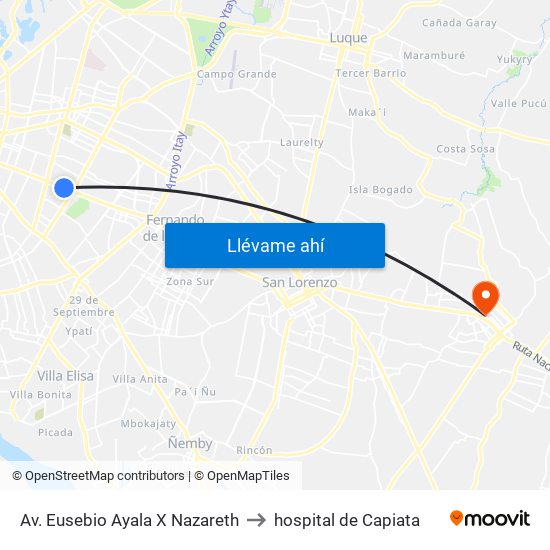 Av. Eusebio Ayala X Nazareth to hospital de Capiata map