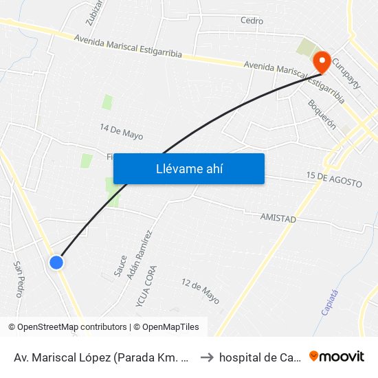 Av. Mariscal López (Parada Km. 17 (1/2)) to hospital de Capiata map