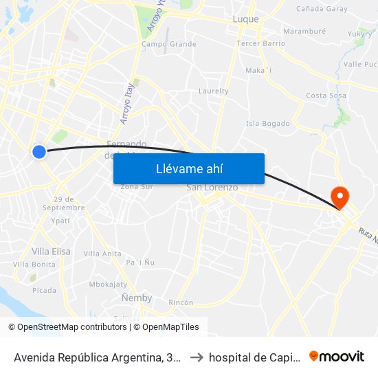 Avenida República Argentina, 3016 to hospital de Capiata map