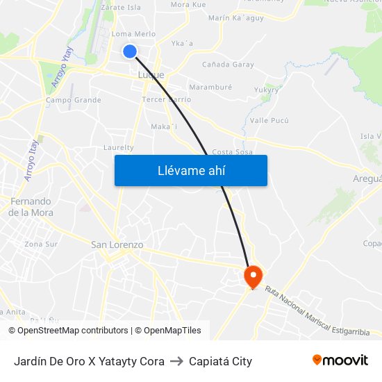 Jardín De Oro X Yatayty Cora to Capiatá City map