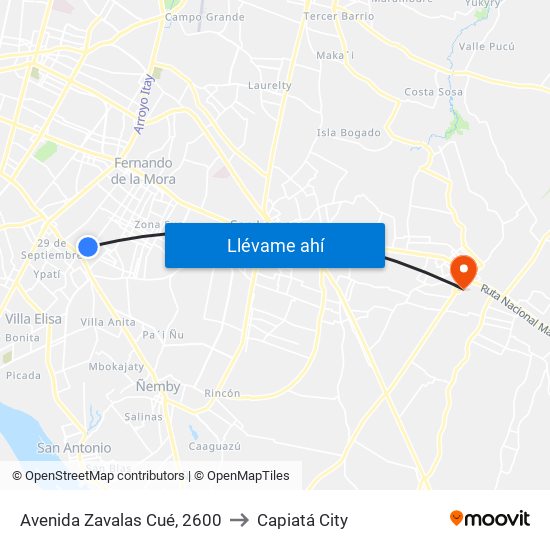 Avenida Zavalas Cué, 2600 to Capiatá City map