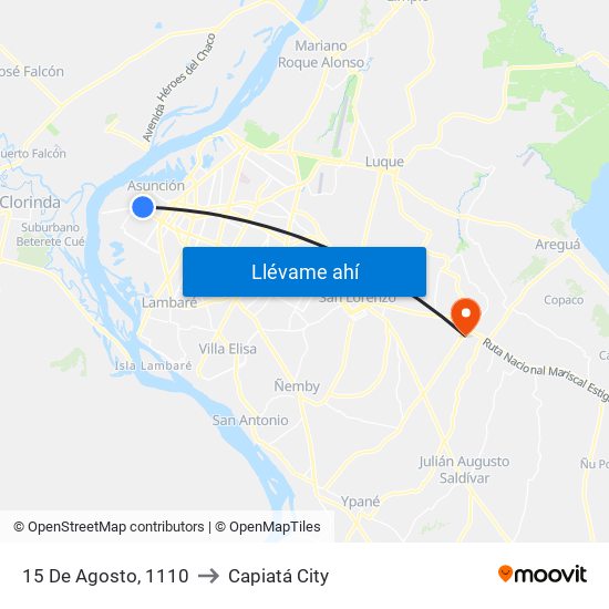15 De Agosto, 1110 to Capiatá City map