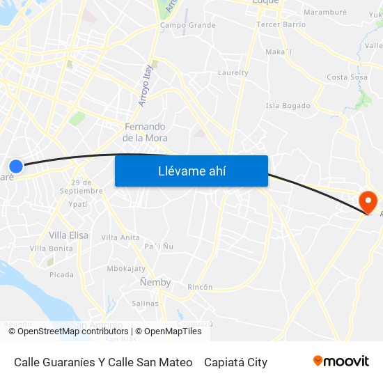 Calle Guaraníes Y Calle San Mateo to Capiatá City map