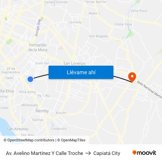Av. Avelino Martínez Y Calle Troche to Capiatá City map