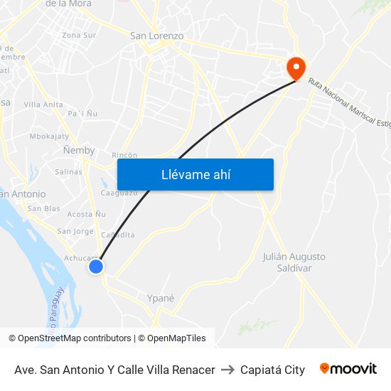 Ave. San Antonio Y Calle Villa Renacer to Capiatá City map