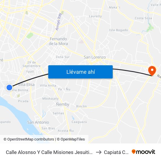 Calle Alosnso Y Calle Misiones Jesuiticas to Capiatá City map