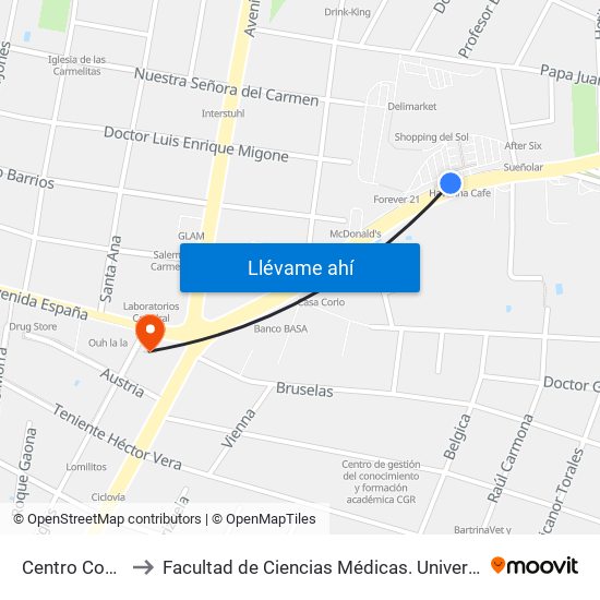 Centro Comercial to Facultad  de Ciencias Médicas. Universidad del Pacífico map