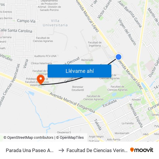 Parada Una Paseo Amelia to Facultad De Ciencias Verinarias map