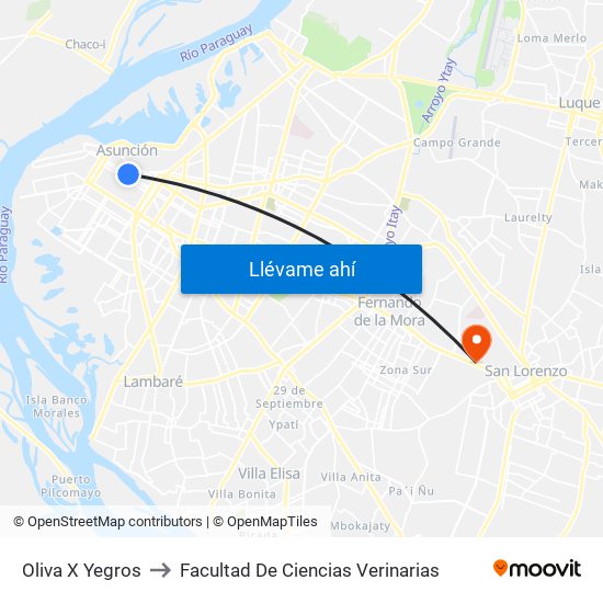 Oliva X Yegros to Facultad De Ciencias Verinarias map