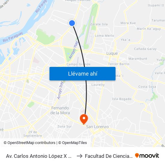 Av. Carlos Antonio López X Av. Eusebio Ayala to Facultad De Ciencias Verinarias map