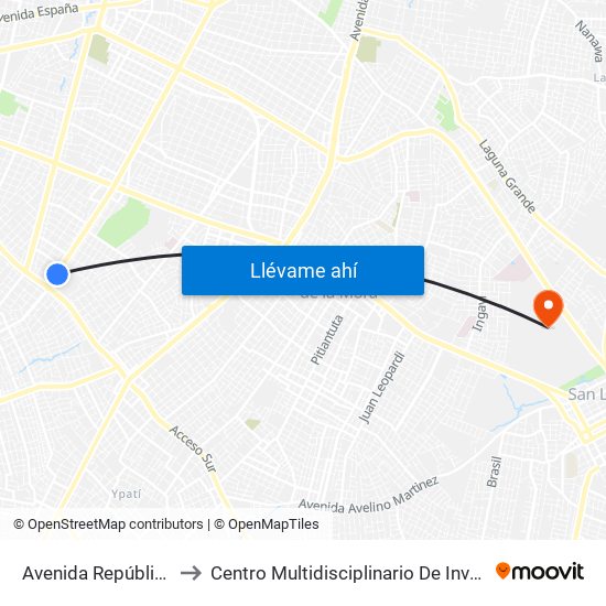 Avenida República Argentina, 3016 to Centro Multidisciplinario De Investigación Científico Tecnológica map