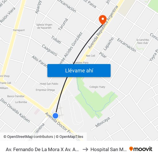 Av. Fernando De La Mora X Av. Argentina to Hospital San Martin map