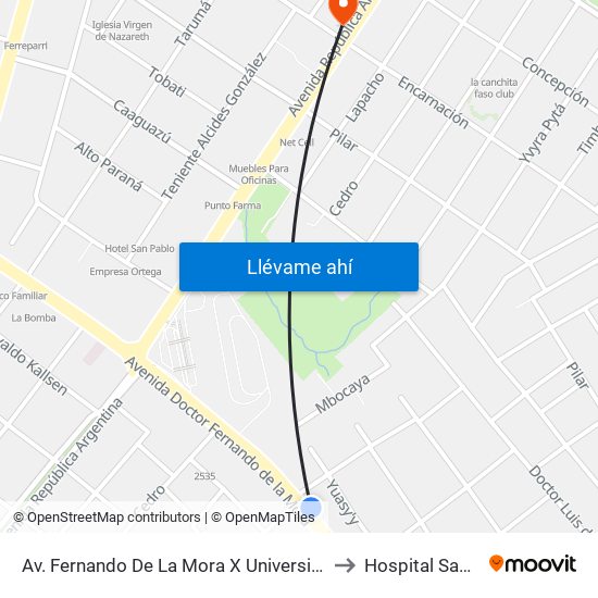 Av. Fernando De La Mora X Universitarios Del Chaco to Hospital San Martin map