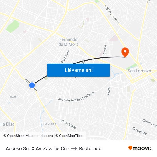 Acceso Sur X Av. Zavalas Cué to Rectorado map