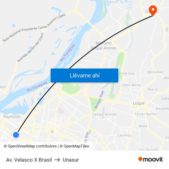 Av. Velasco X Brasil to Unasur map