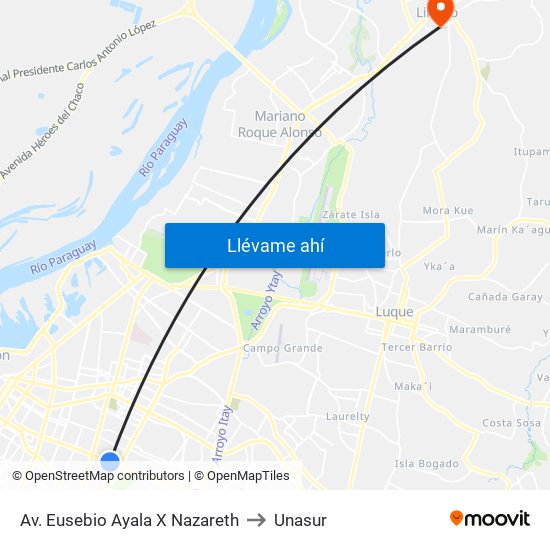 Av. Eusebio Ayala X Nazareth to Unasur map