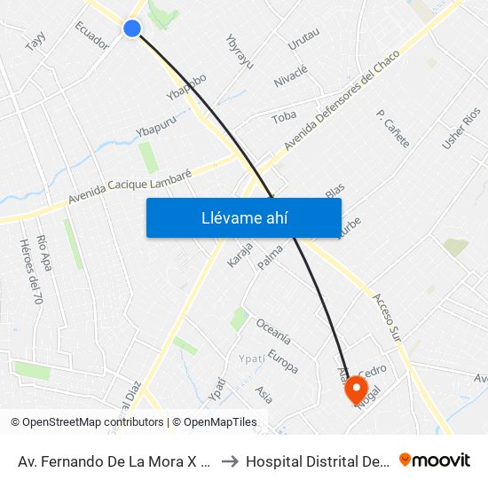 Av. Fernando De La Mora X Av. Argentina to Hospital Distrital De Villa Elisa map