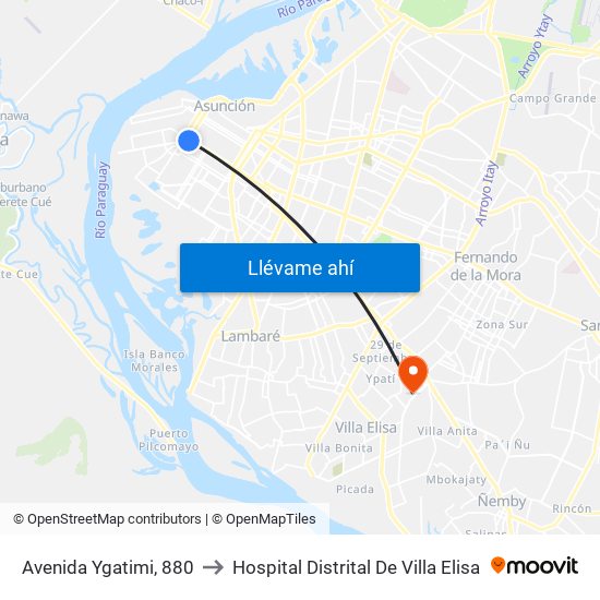 Avenida Ygatimi, 880 to Hospital Distrital De Villa Elisa map