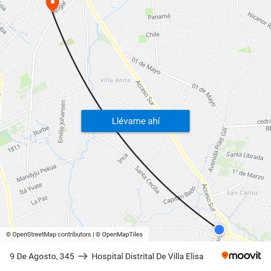 9 De Agosto, 345 to Hospital Distrital De Villa Elisa map