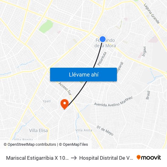 Mariscal Estigarribia X 10 De Julio to Hospital Distrital De Villa Elisa map