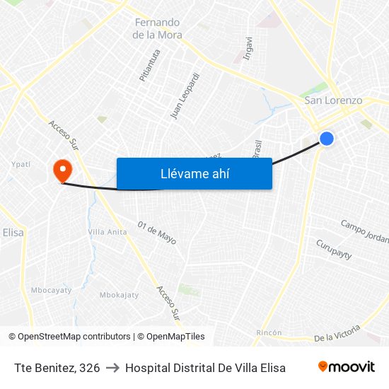 Tte Benitez, 326 to Hospital Distrital De Villa Elisa map