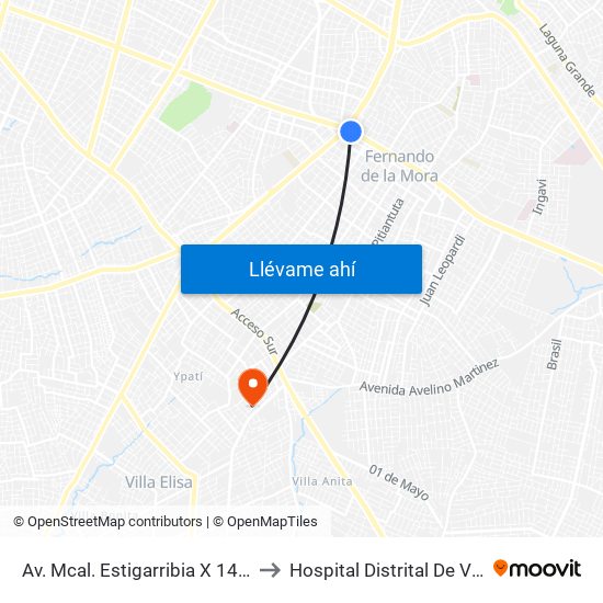 Av. Mcal. Estigarribia X 14 De Mayo to Hospital Distrital De Villa Elisa map