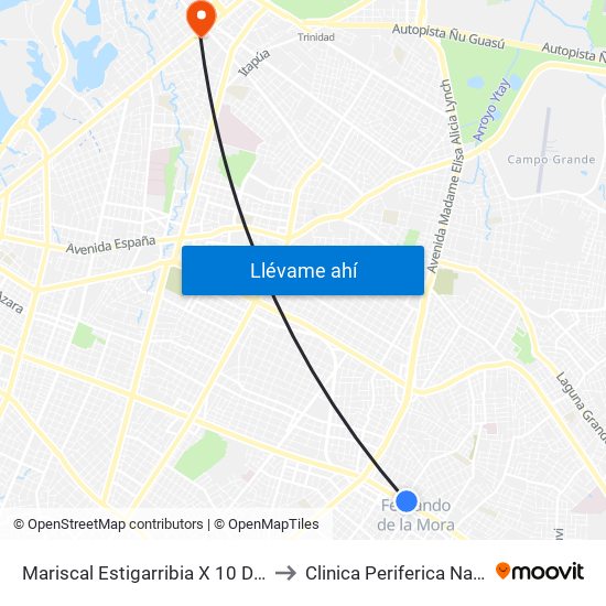 Mariscal Estigarribia X 10 De Julio to Clinica Periferica Nanawa map