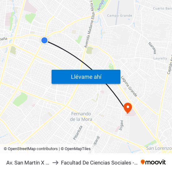 Av. San Martín X Austria to Facultad De Ciencias Sociales - Facso Una map