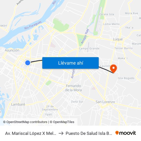 Av. Mariscal López X Melgarejo to Puesto De Salud Isla Bogado map