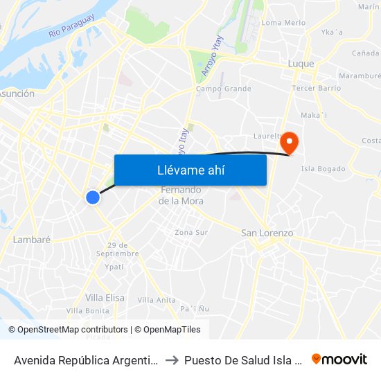 Avenida República Argentina, 3016 to Puesto De Salud Isla Bogado map