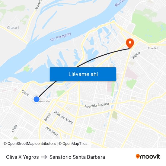 Oliva X Yegros to Sanatorio Santa Barbara map