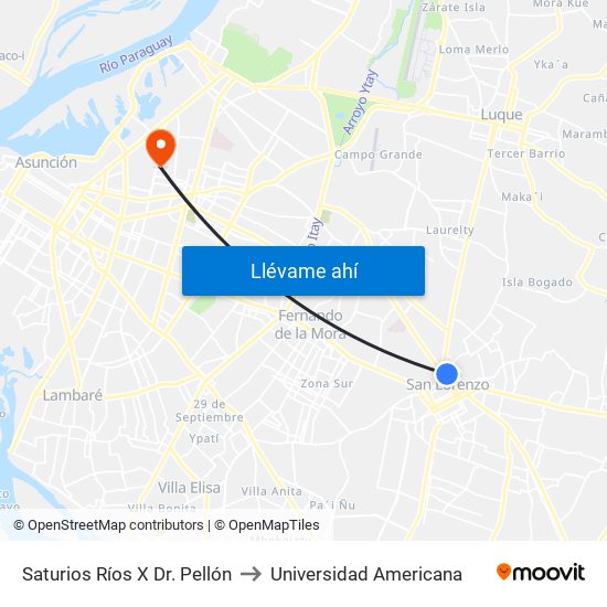 Saturios Ríos X Dr. Pellón to Universidad Americana map