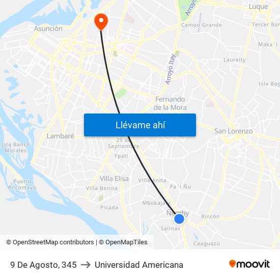 9 De Agosto, 345 to Universidad Americana map