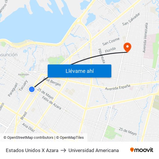 Estados Unidos X Azara to Universidad Americana map