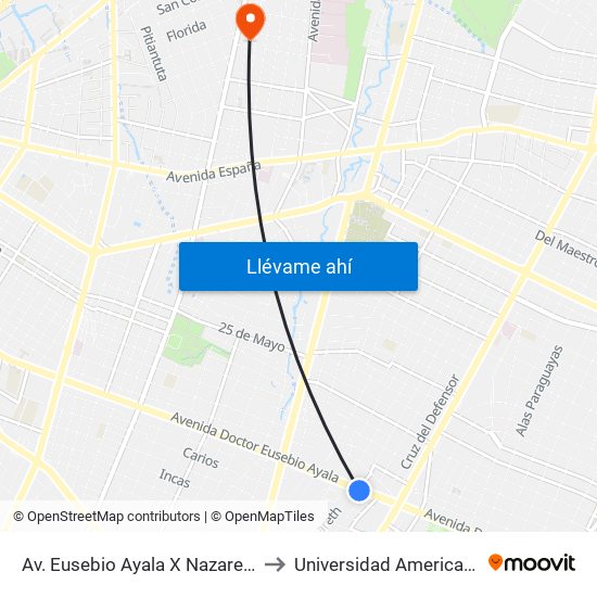 Av. Eusebio Ayala X Nazareth to Universidad Americana map