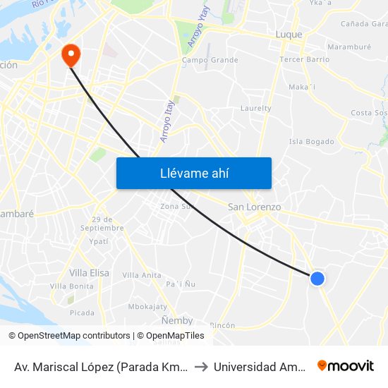 Av. Mariscal López (Parada Km. 17 (1/2)) to Universidad Americana map