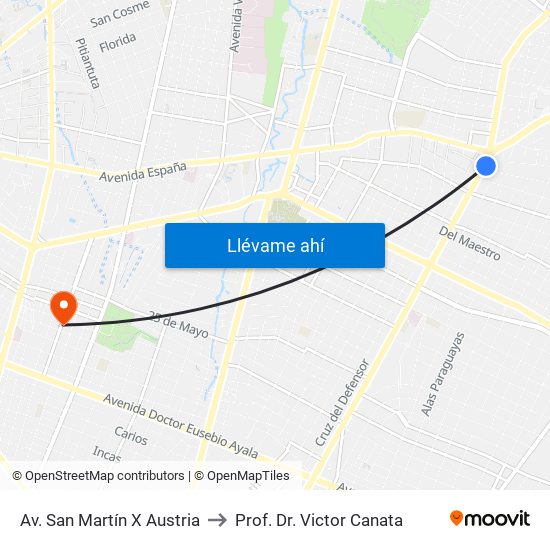 Av. San Martín X Austria to Prof. Dr. Victor Canata map