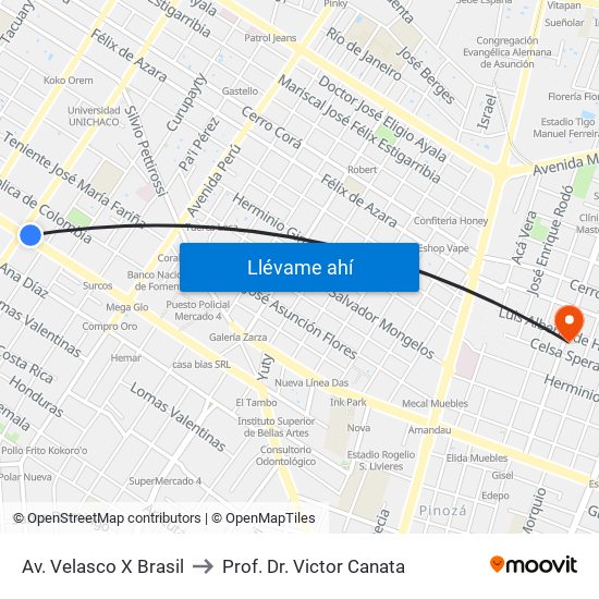 Av. Velasco X Brasil to Prof. Dr. Victor Canata map