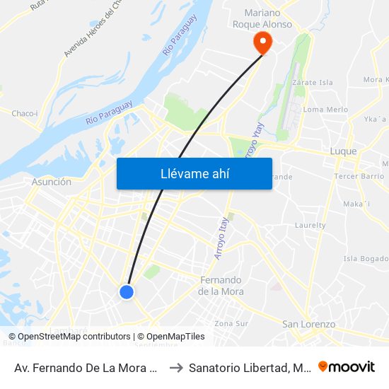 Av. Fernando De La Mora X Av. República Argentina to Sanatorio Libertad, Mariano Roque Alonzo map