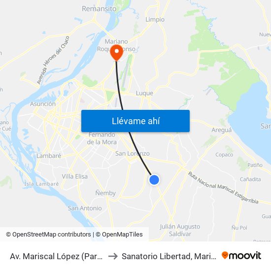 Av. Mariscal López (Parada Km. 17 (1/2)) to Sanatorio Libertad, Mariano Roque Alonzo map