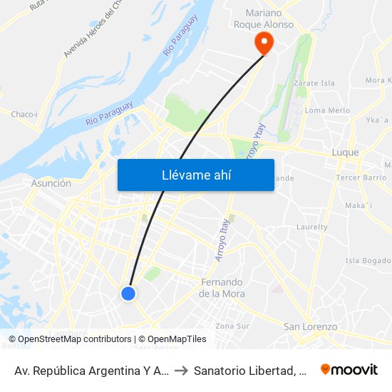 Av. República Argentina Y Av. Dr. Fernando De La Mora to Sanatorio Libertad, Mariano Roque Alonzo map