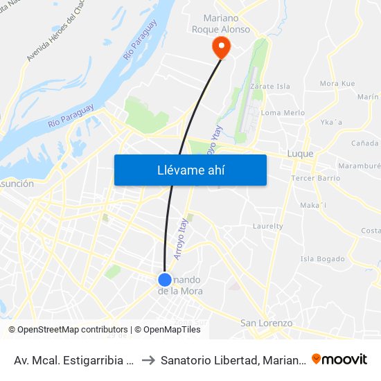 Av. Mcal. Estigarribia X 14 De Mayo to Sanatorio Libertad, Mariano Roque Alonzo map