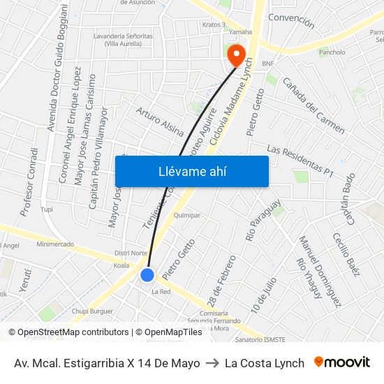 Av. Mcal. Estigarribia X 14 De Mayo to La Costa Lynch map