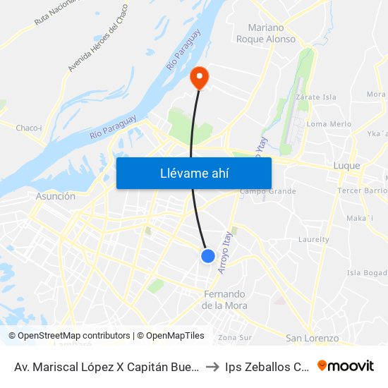 Av. Mariscal López X Capitán Bueno to Ips Zeballos Cué map
